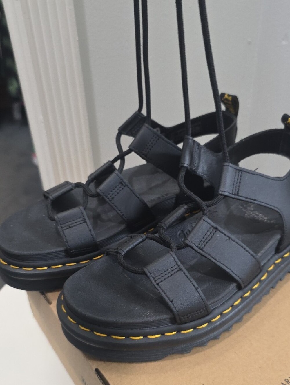 Dr. Martens Black Lace Up Platform Gladiator Sandals with Yellow Stitching - Picture 4 of 6